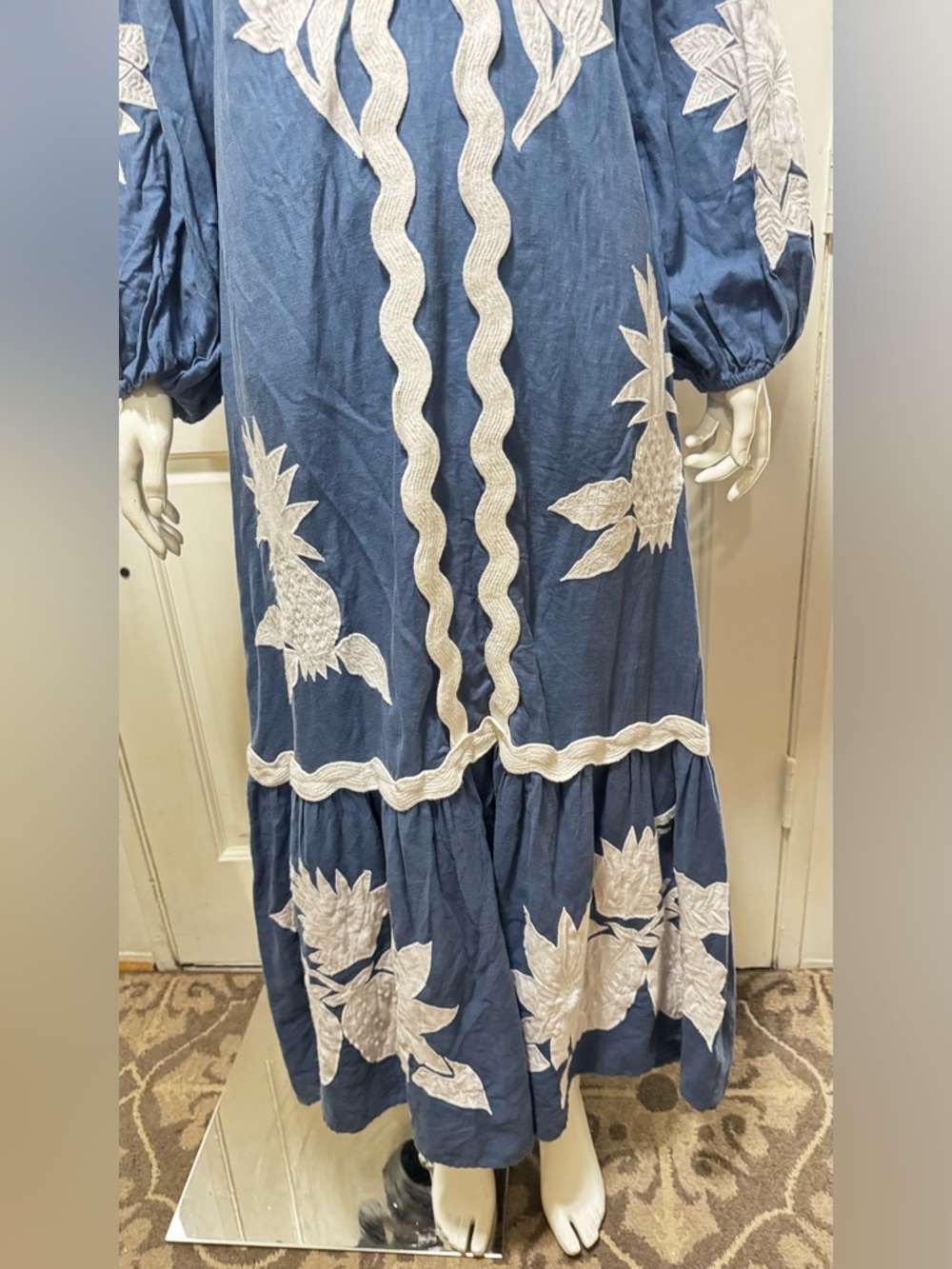 Farm Rio  Navy Blue White Floral Embroidery long sleeves Maxi Dress S XS - Picture 5 of 13